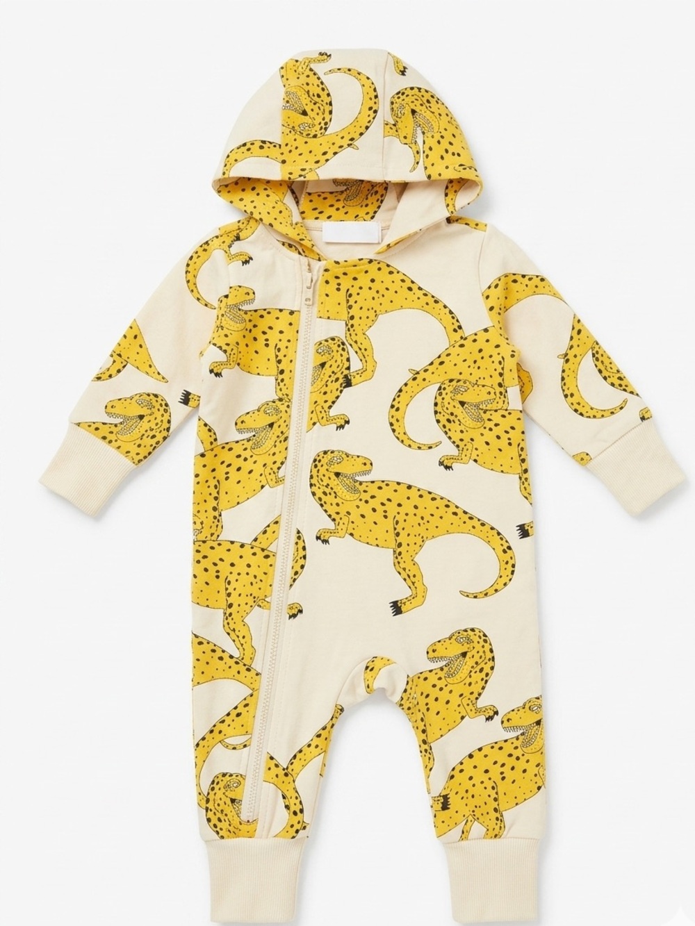 Mini Rodini Yellow Dino Leopard-Print Hooded Baby One-Piece